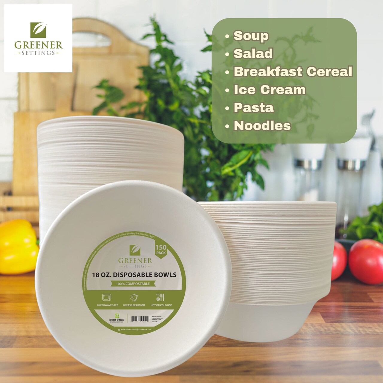 Greener Settings 150-Pack 18 oz Compostable Paper Bowls – Heavy-Duty Bagasse, Biodegradable, Microwavable, Grease-Resistant, for Hot Soups, Salads, and Snacks